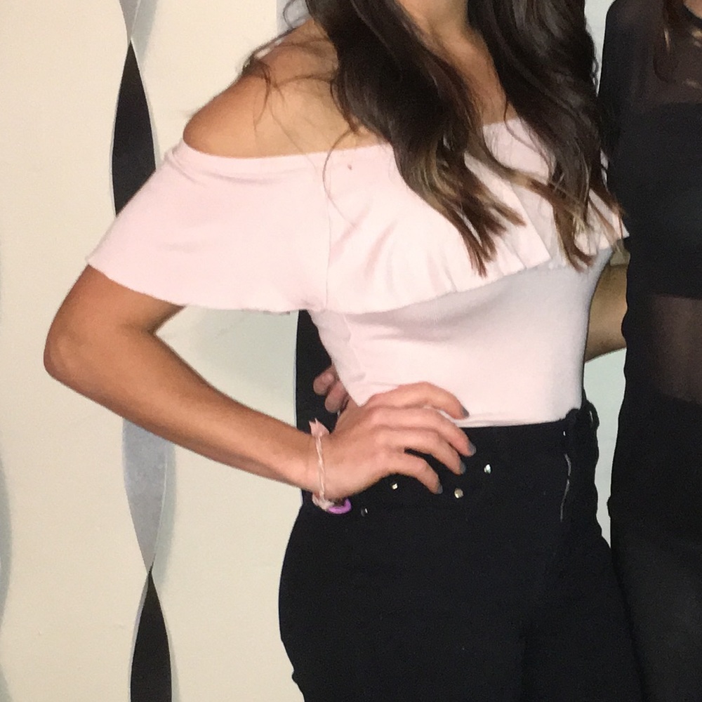 Light pink off the shoulder ruffle body suit